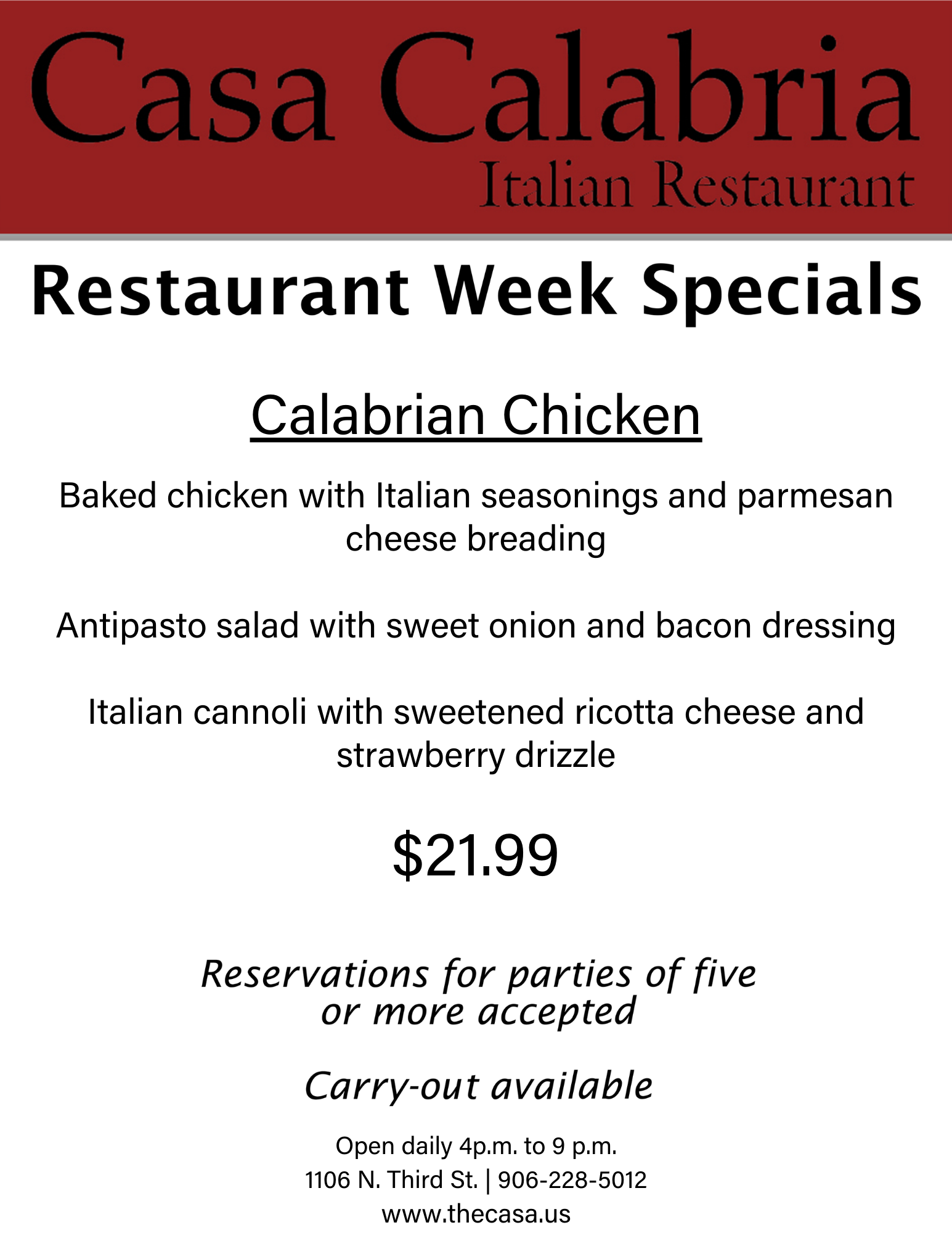 Casa Calabria Restaurant Week Menu