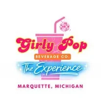 Logo for Girly Pop Beverage Company with a Pink cup, disco ball, and "the Experience" 