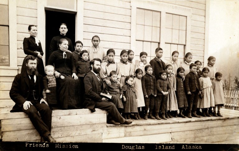  Photo of Native children and the Quaker missionaries and staff at the Douglas Island Friends Mission School.  