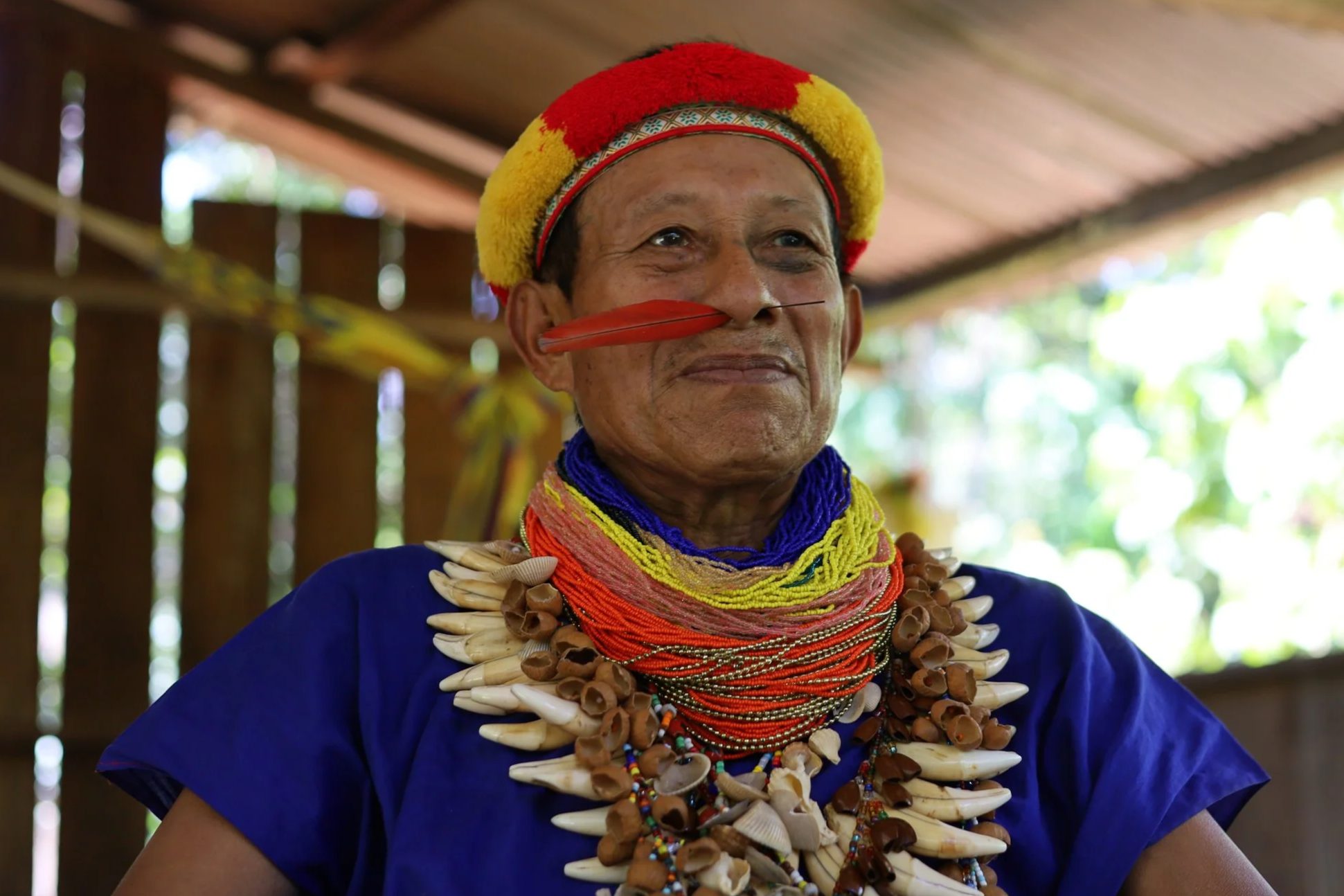 Close-up of a man wearing a colorful hat, multiple layered necklaces made of beads and seeds, and a patterned scarf, with a background of green foliage.