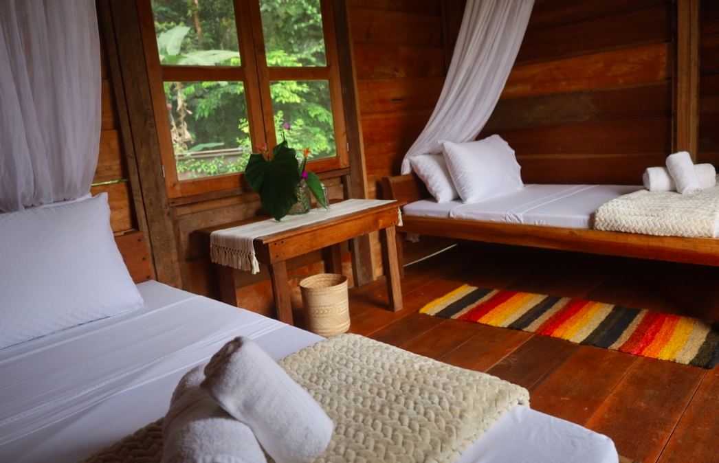 A cozy wooden cabin bedroom with two single beds, white linens, and rolled towels. Decor includes a small table with a potted plant, a woven basket, and a colorful striped rug. Large windows reveal lush green trees outside.
