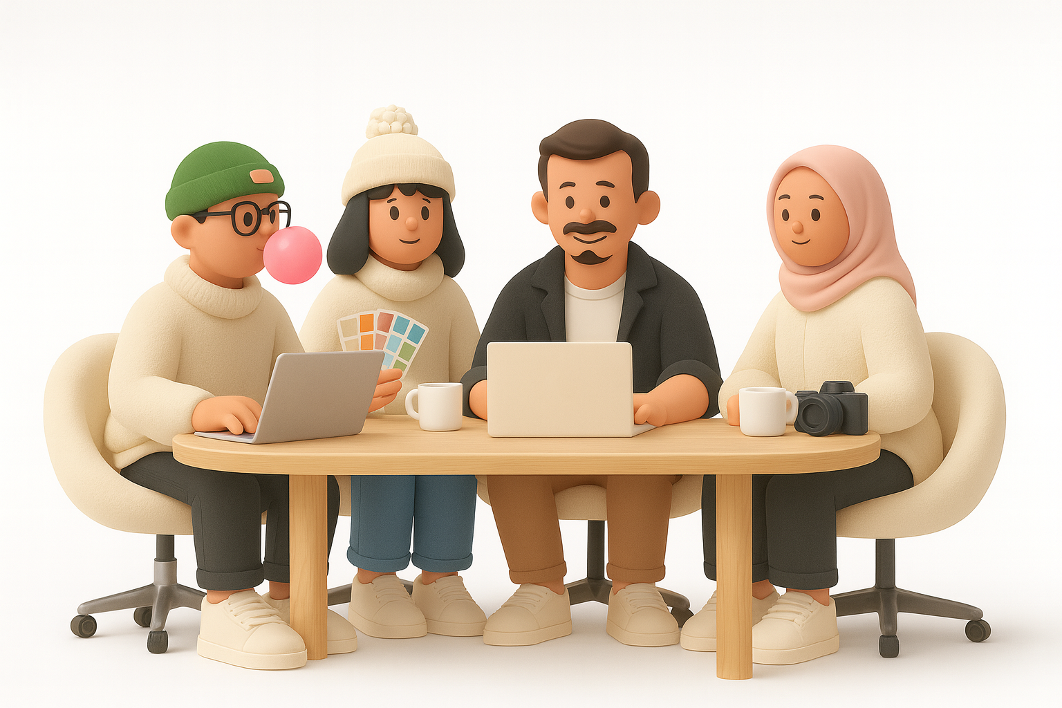 Groupe de cinq personnes animées, assises autour d'une table en bois, utilisant des laptops, avec des objets comme une caméra, une tasse, une palette de couleurs, une gomme, une gomme à effacer et un comprimé. Style de dessin cartoon