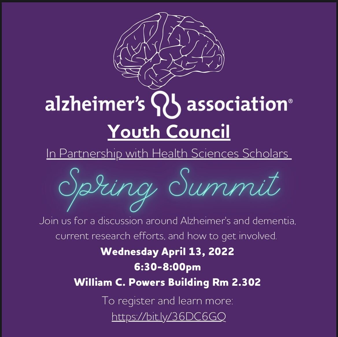 HSS is cohosting with the Alzheimer&rsquo;s Association Youth Council to host the spring summit next Wednesday (4/13) from 6:30-8pm in the WCP Rm 2.302. Come learn about current advocacy efforts and ongoing research developments. There&rsquo;s even f