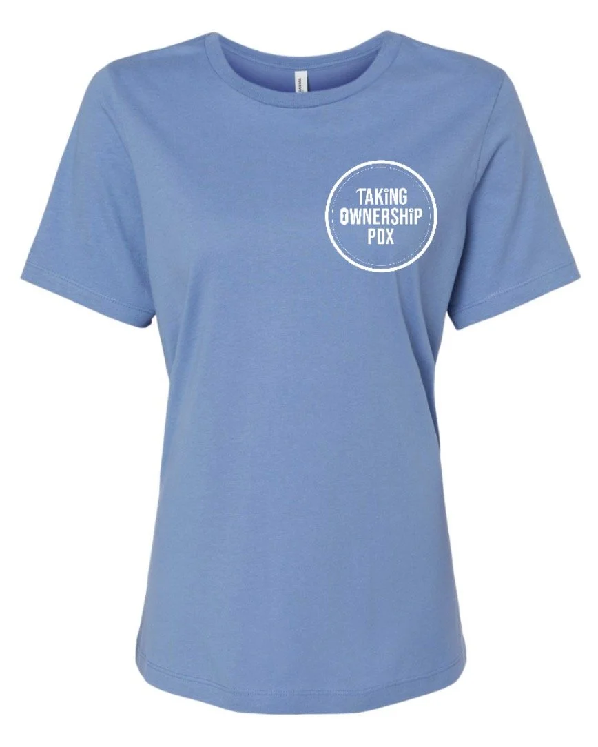 image of plain blue womens shirt with TO PDX tshirt