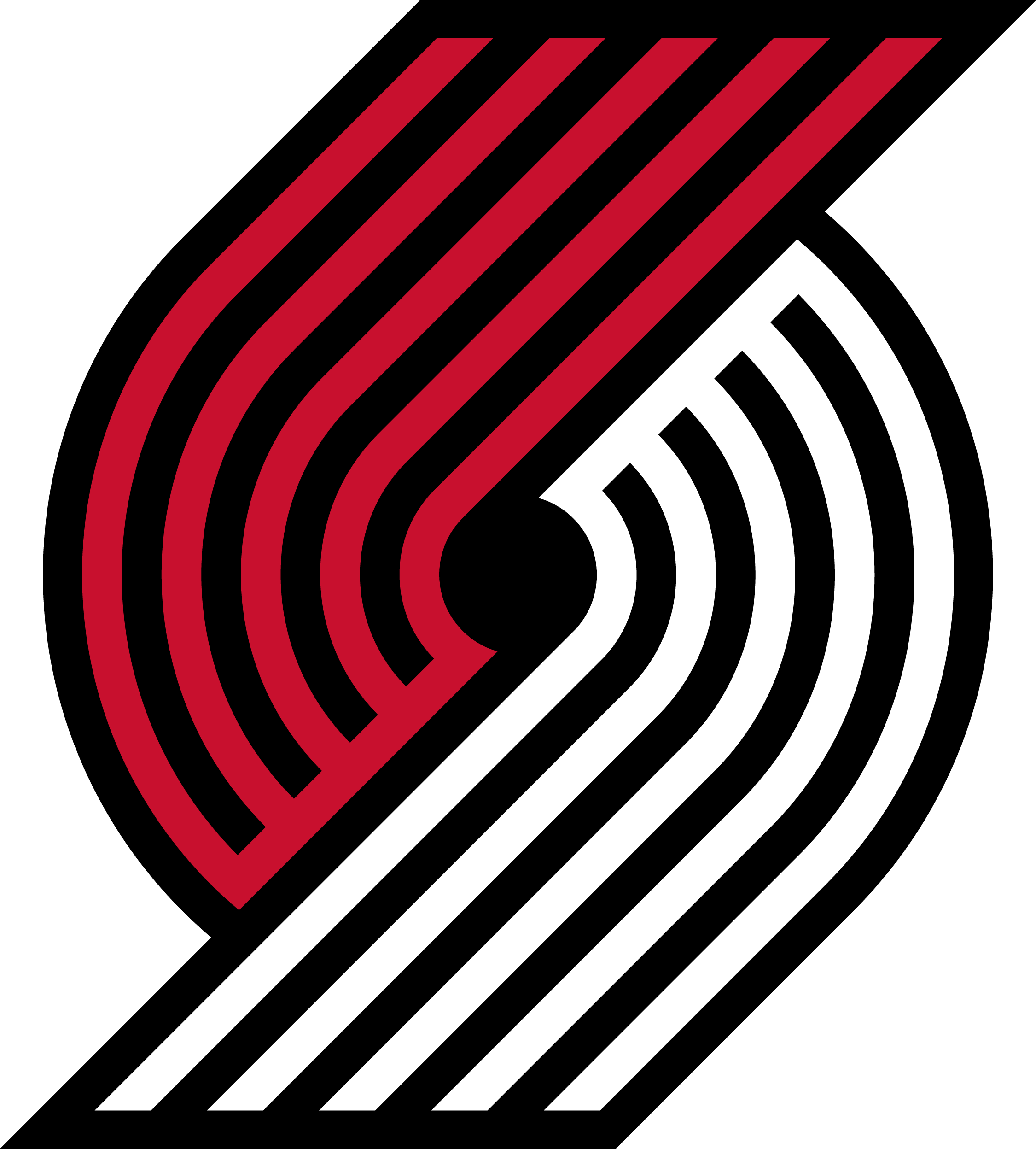Portland Trail Blazers Pinwheel logo, 5 red lines meet 5 white lines around a black circle.