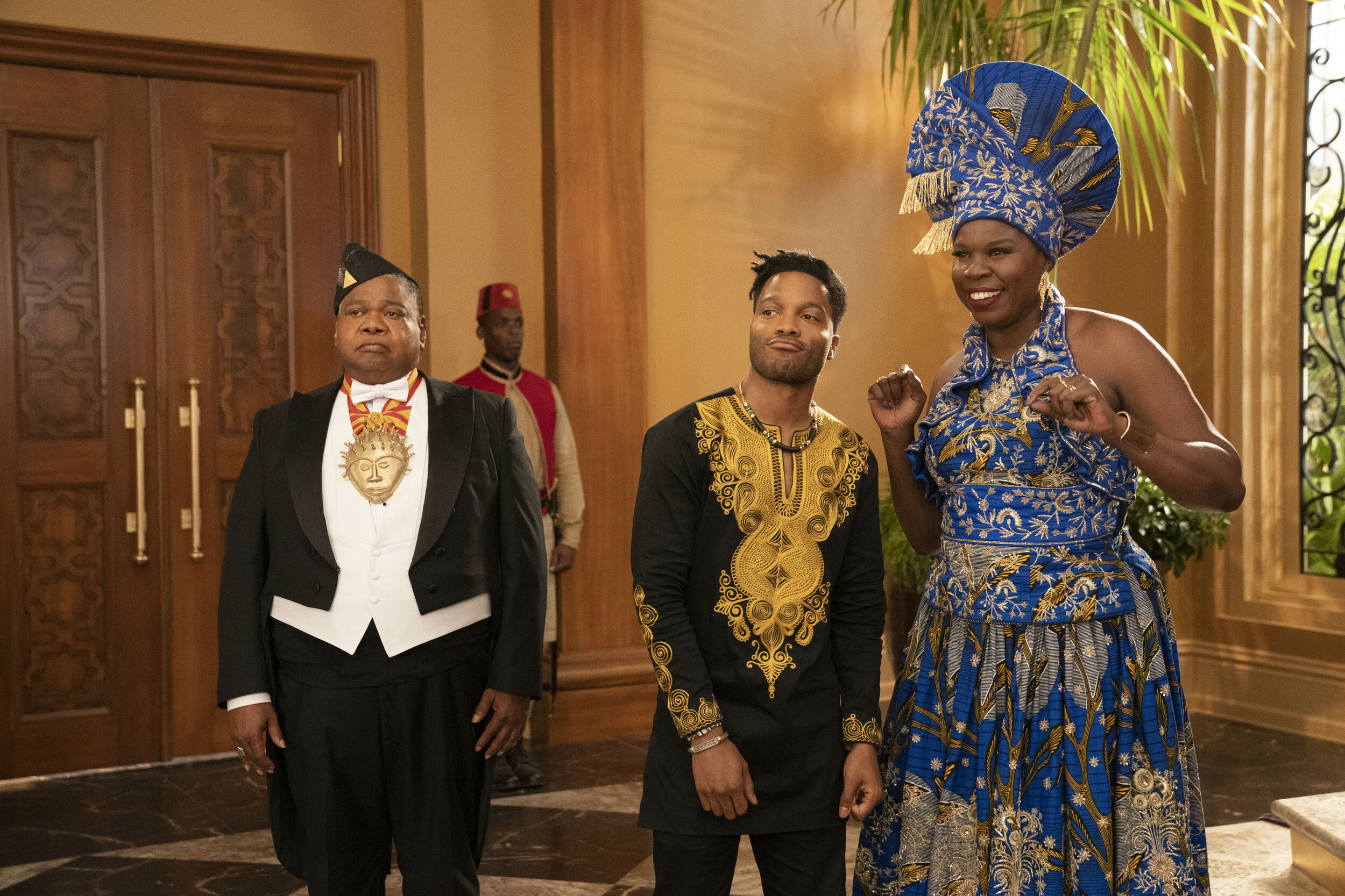 Coming 2 America 13 Paul Bates, Jermaine Fowler and Leslie Jones.jpg