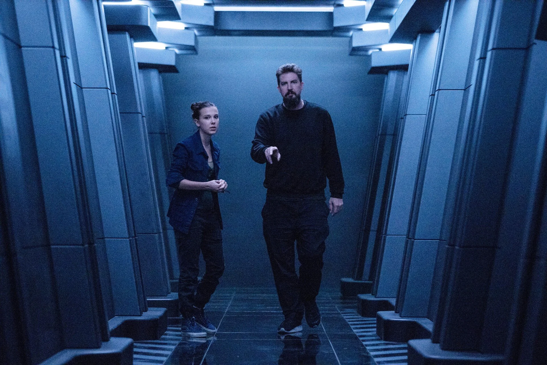 MILLIE BOBBY BROWN and director ADAM WINGARD on the set of GODZILLA VS. KONG.jpg