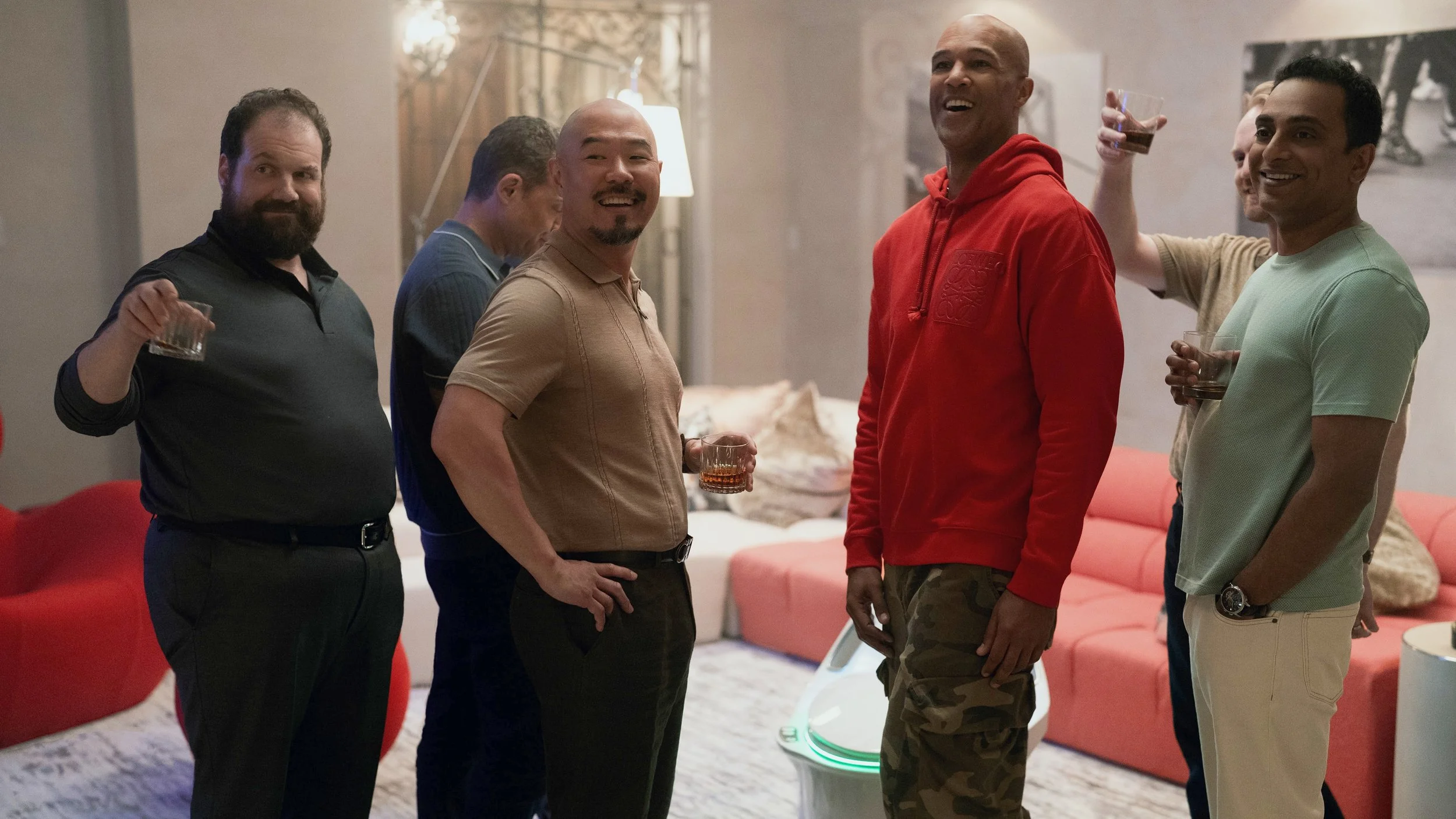 Jordan Gelber, Hoon Lee, Mark Tallman and Manu Narayan in Your Friends & Neighbors.jpg