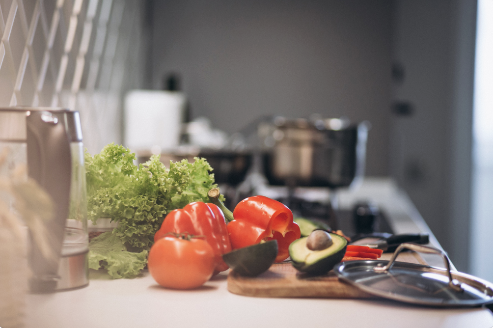 fresh fruits and veggies on kitchen counter