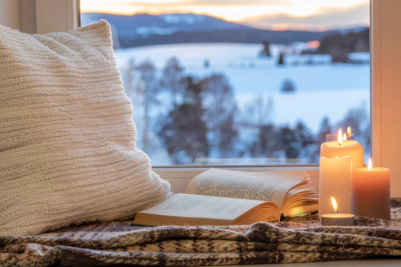 window seat with book and candles and winter scene