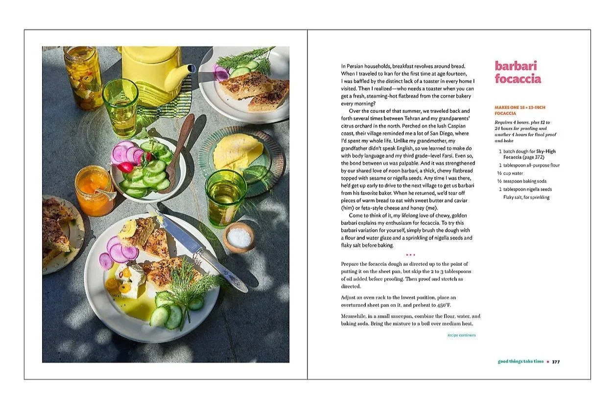 close up of recipe in good things for barbari focaccia