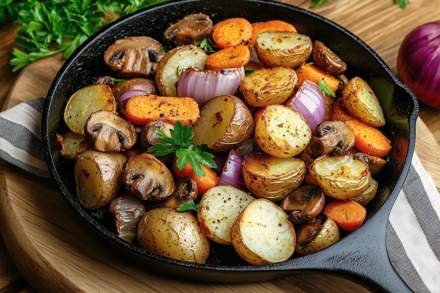 roasted vegetables and potatoes with herbs in cast iron skillet