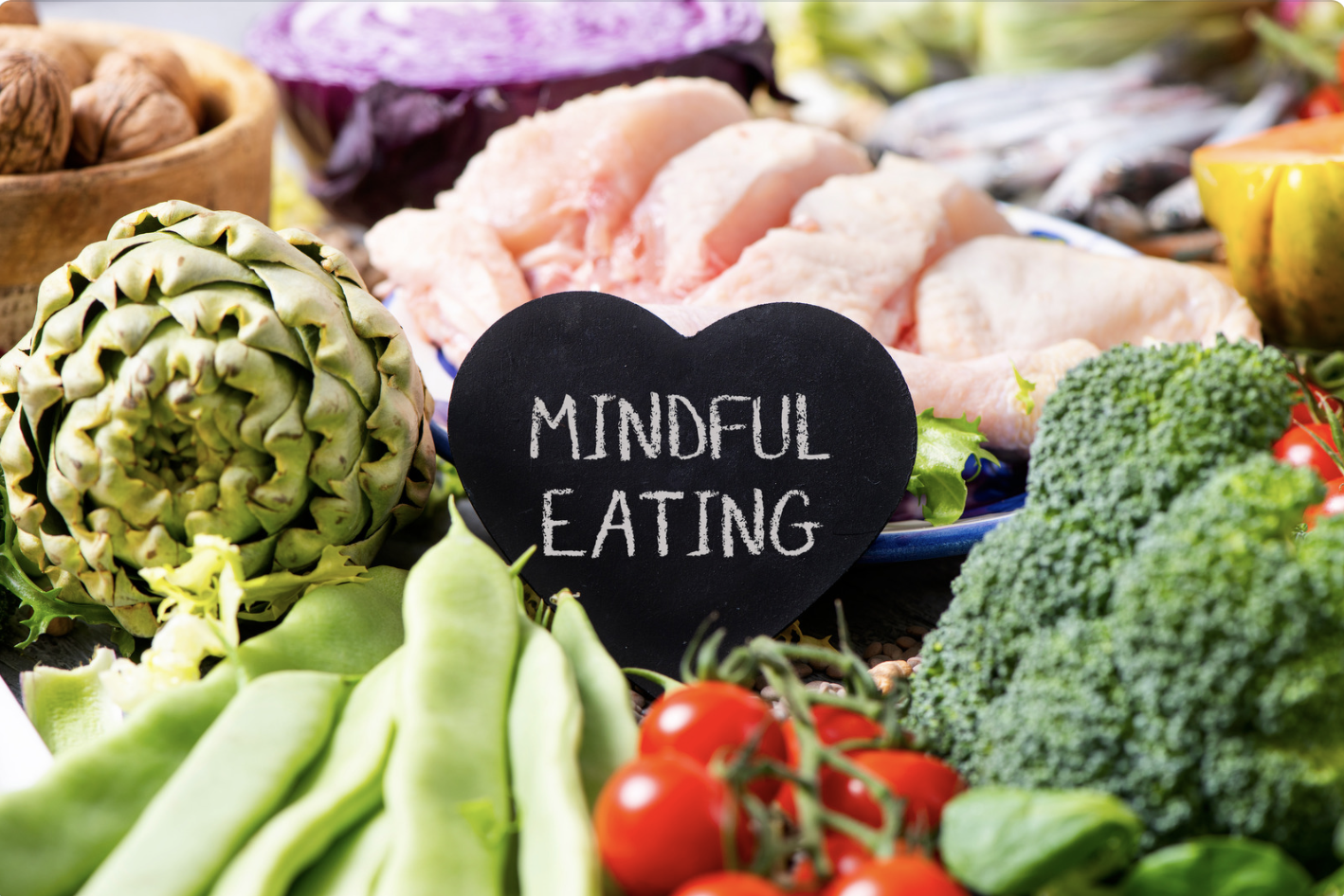 collection of fresh ingredients with heart-shaped mindful eating sign