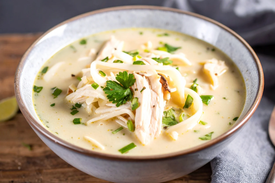 steaming bowl of creamy chicken soup