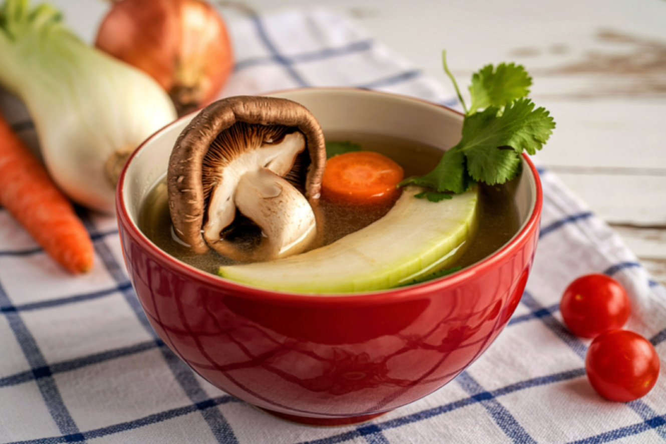 bowl of broth with blended vegetables and fresh herbs