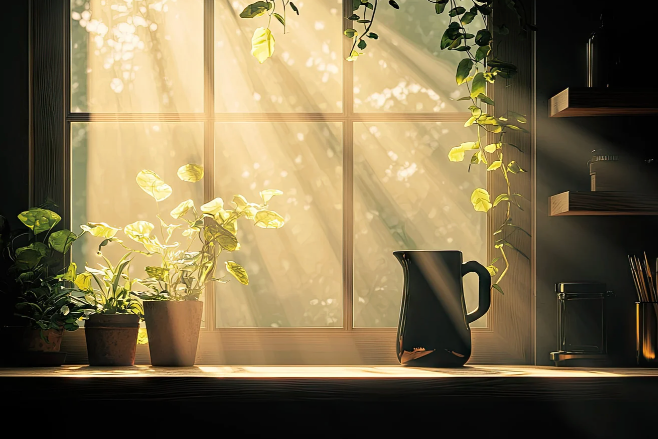 sun streaming through window with plants and pitcher on window sill
