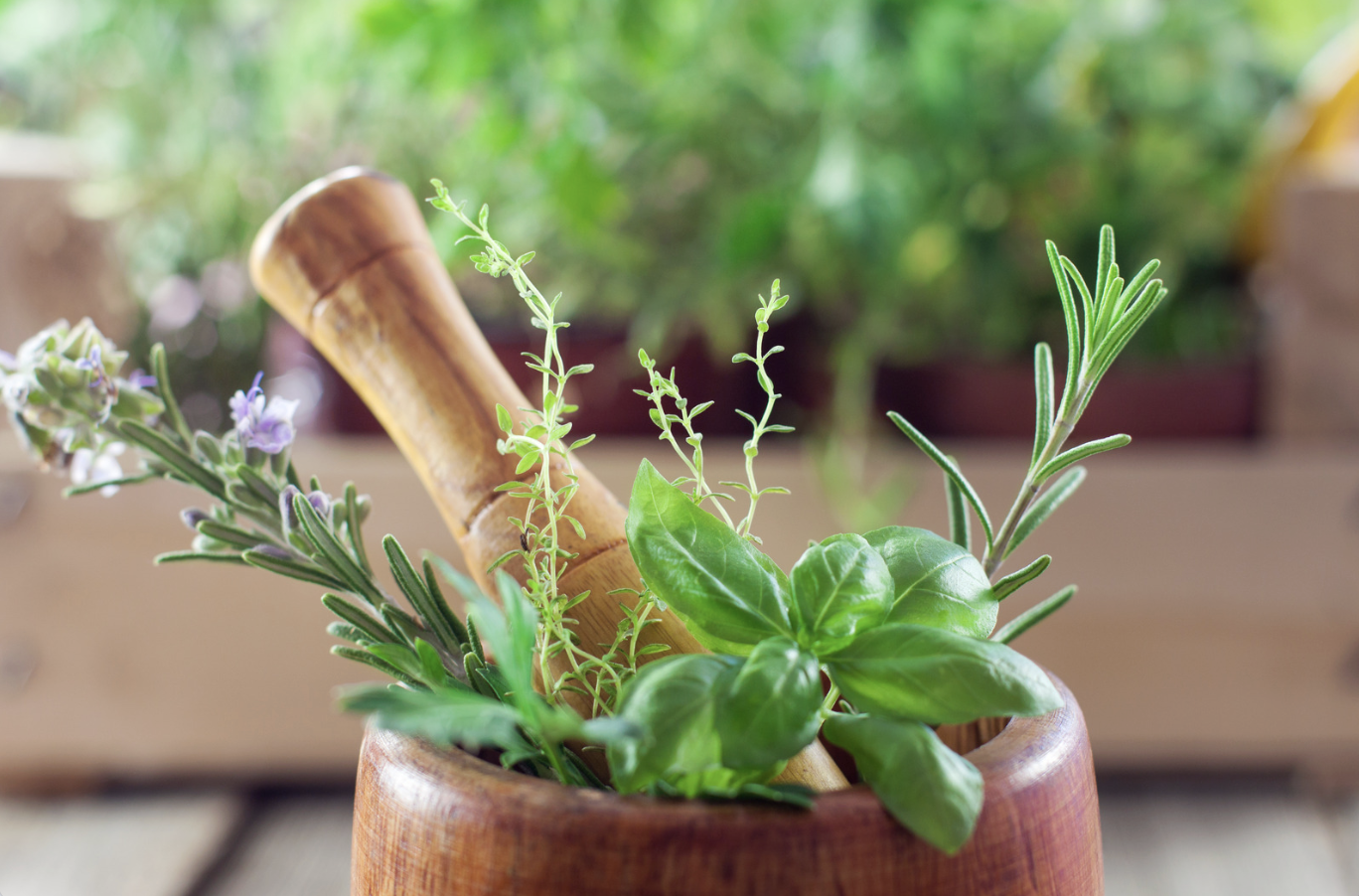 fresh herbs in mortar and pestle