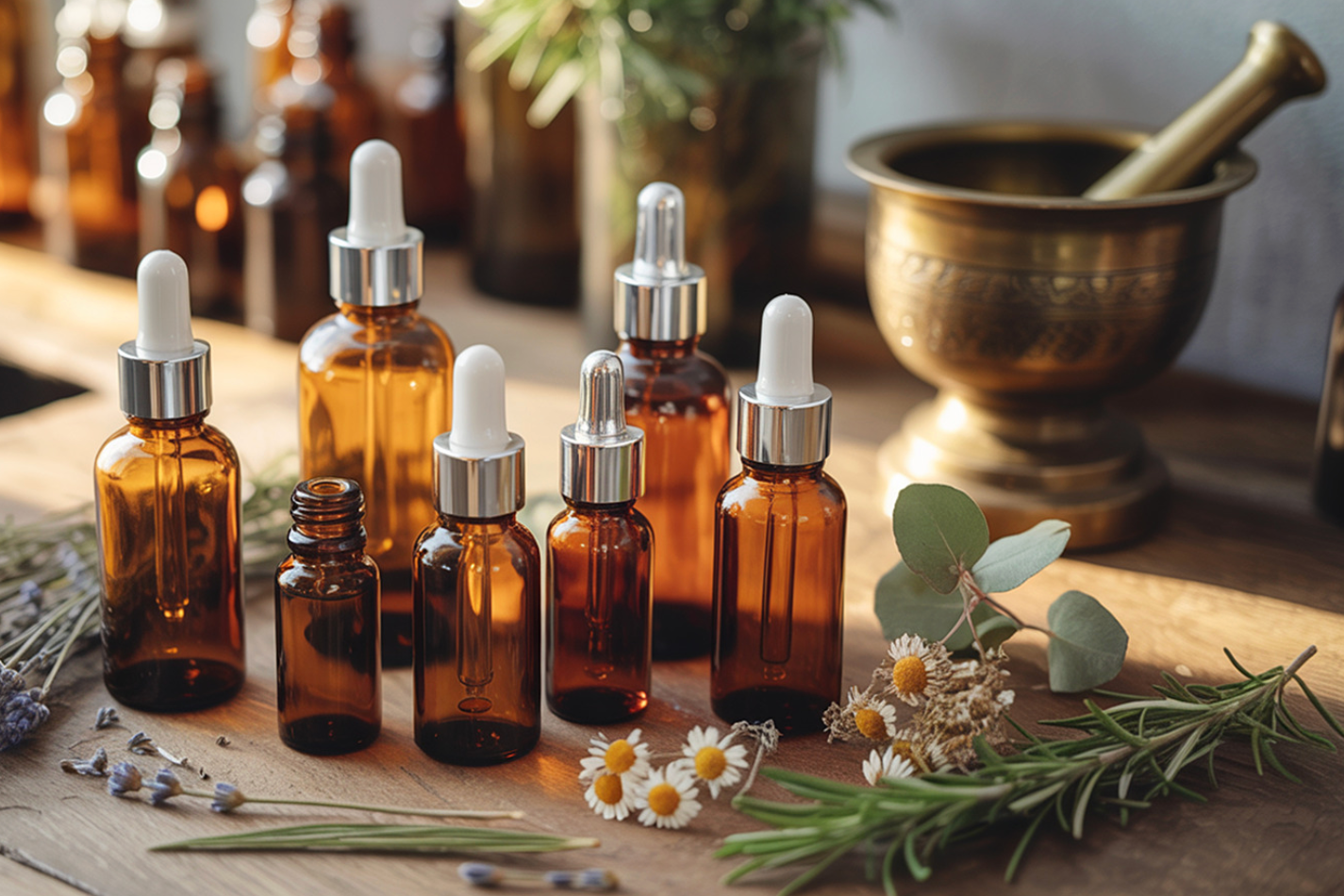 amber bottles with fresh herbs and mortar and pestle