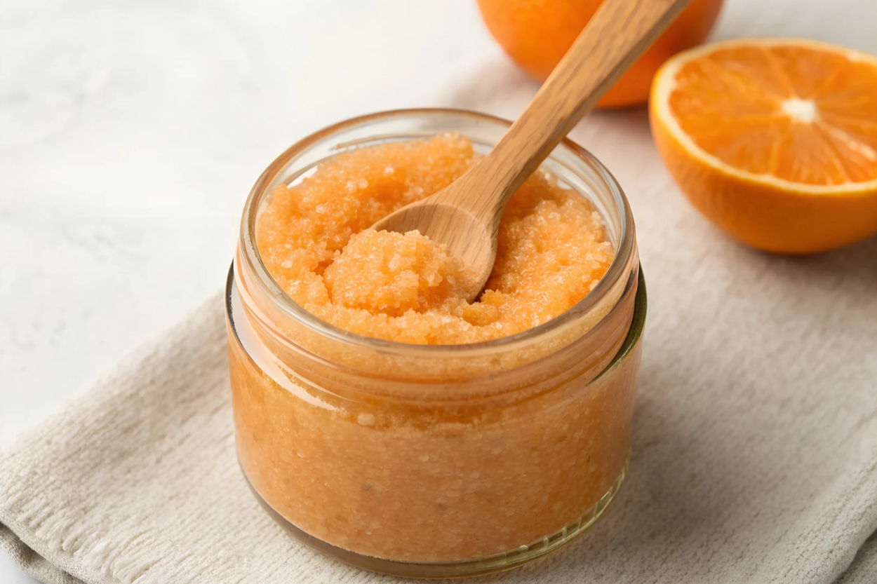 orange and sugar body scrub in glass jar