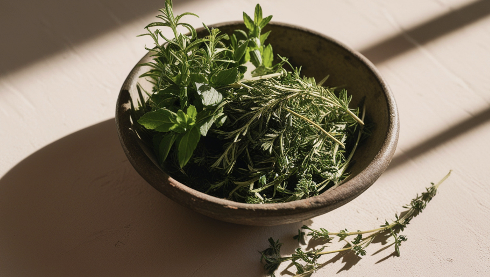 wooden bowl of fresh dark green herbs