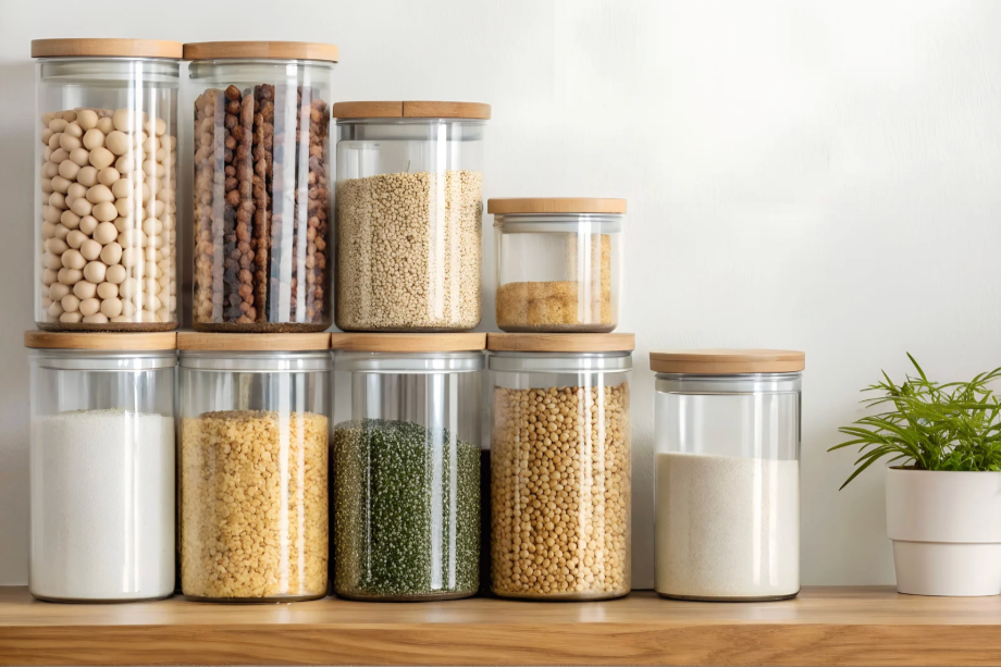 glass jars of beans and seeds on wooden shelf