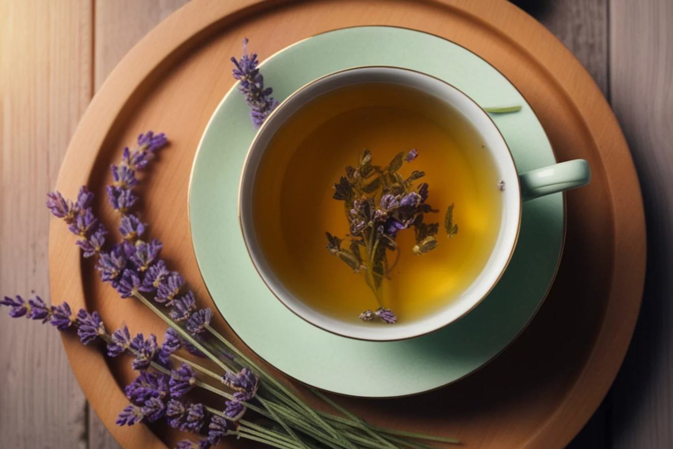 hot lavender tea in light green cup
