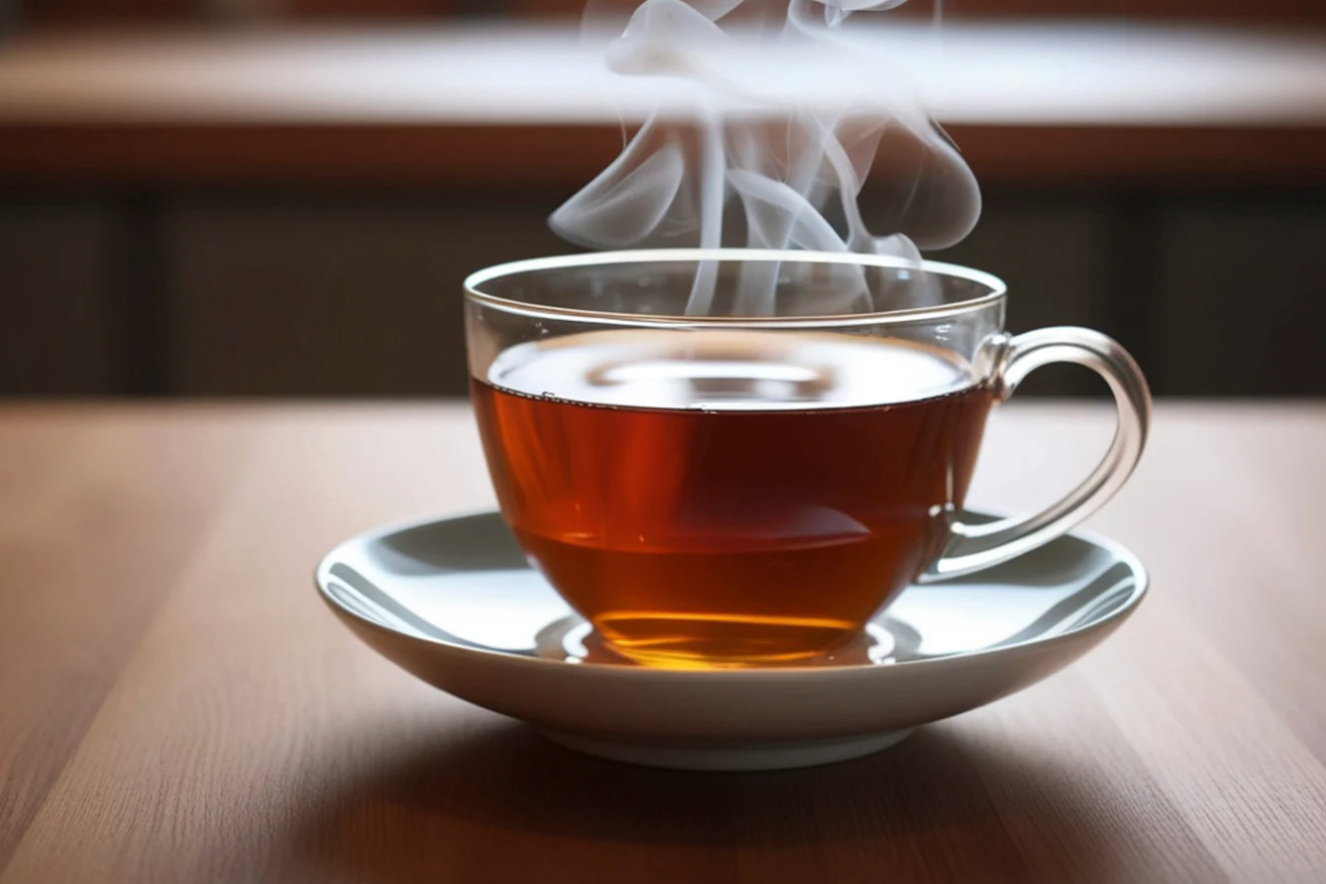 steaming cup of tea in clear glass teacup