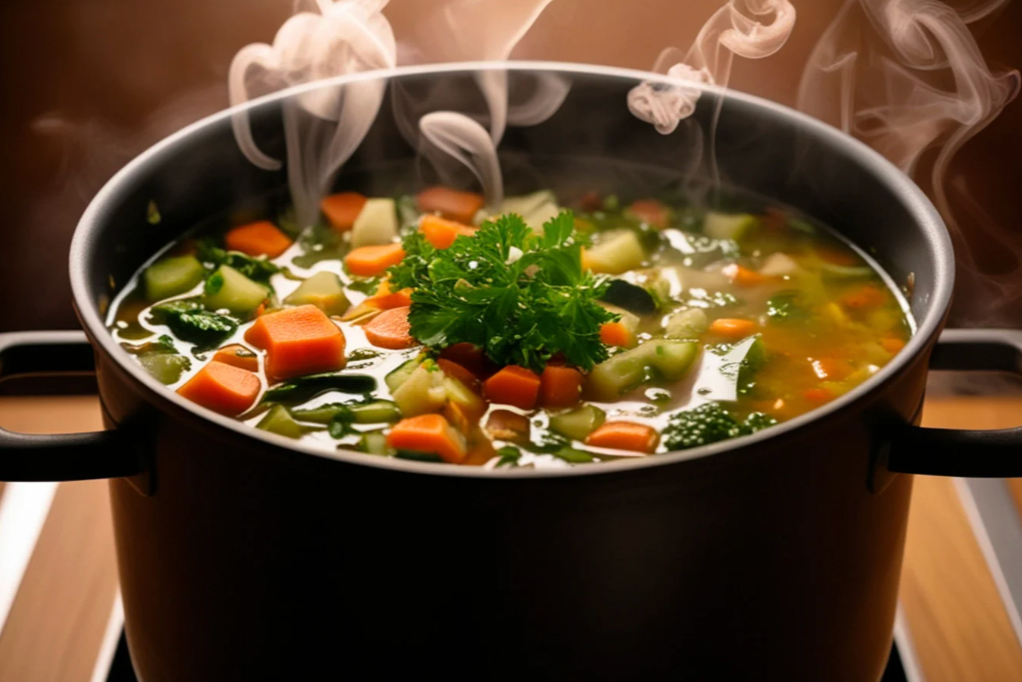 pot of vegetable soup steaming on stove
