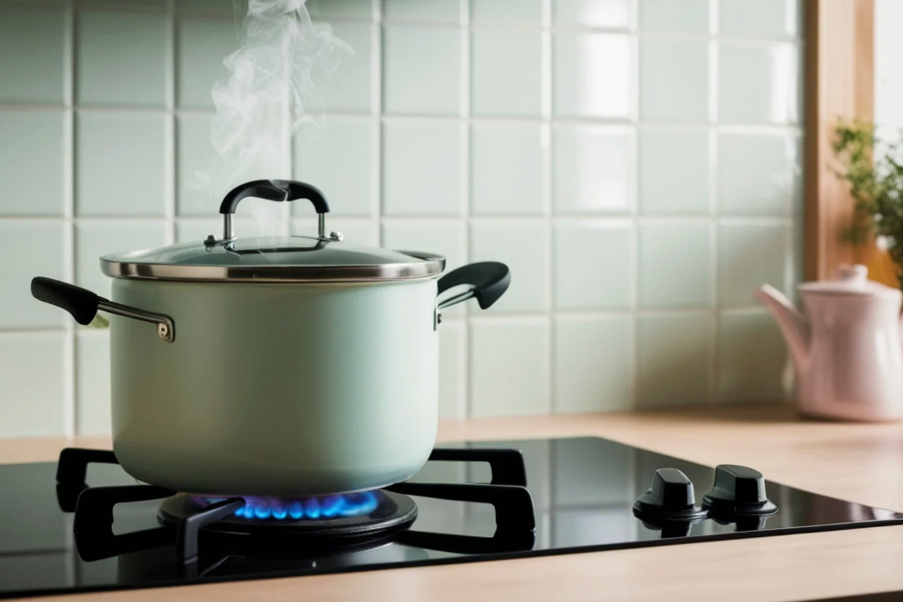 close up of steaming pot on gas stovetop