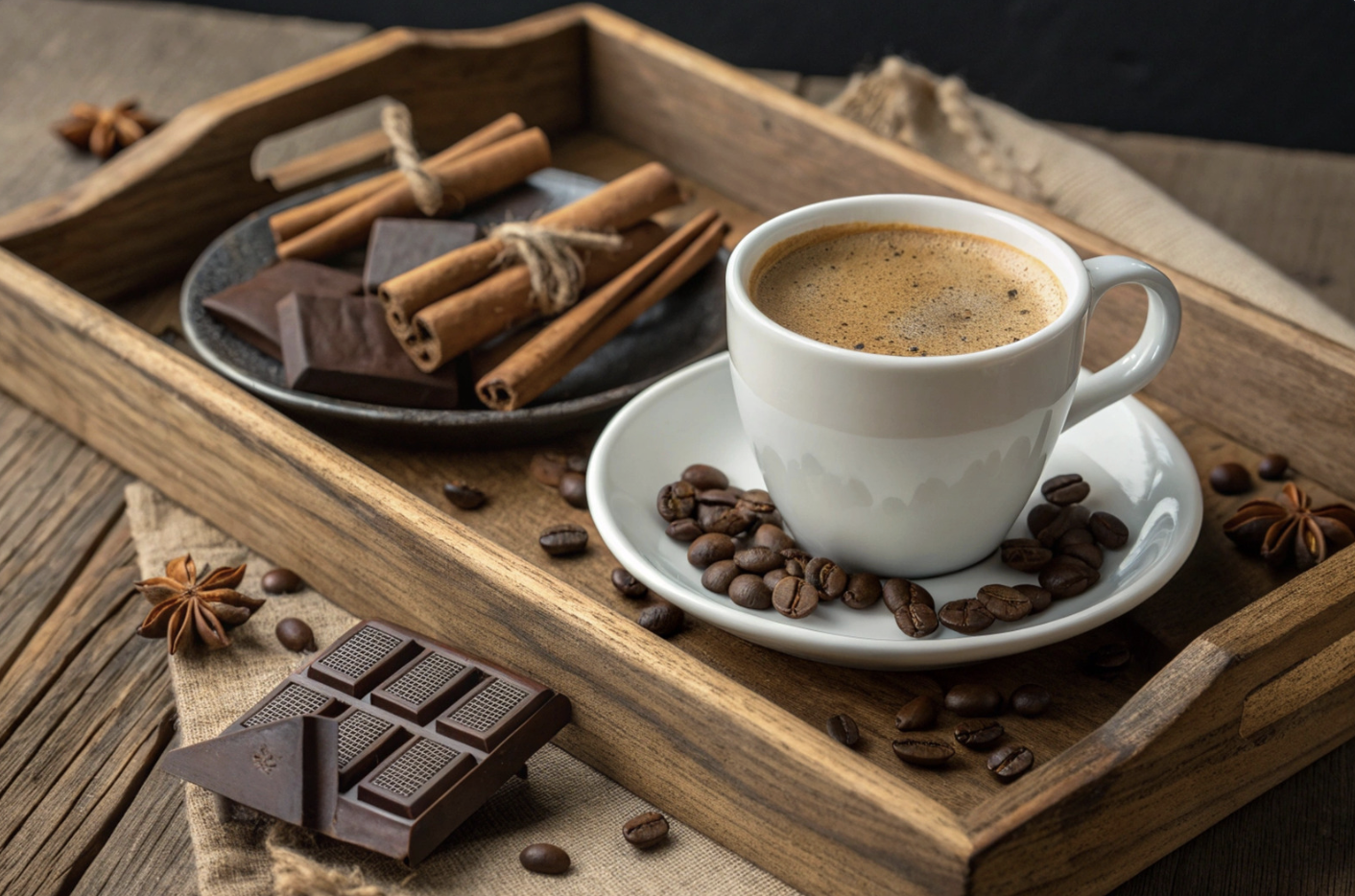 coffee, dark chocolate and cinnamon on wooden tray