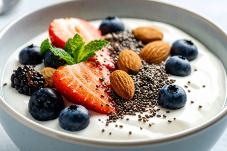 bowl of yogurt with fresh fruit and nuts