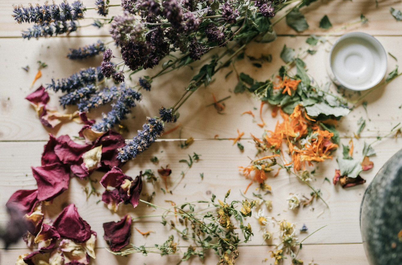 dried flowers on wooden table
