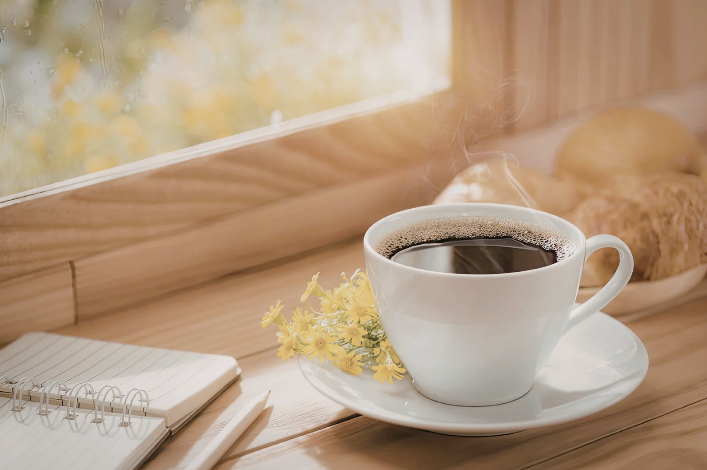 cup of steaming black coffee on table by window