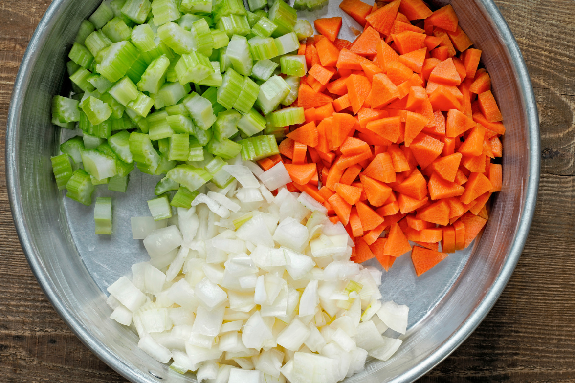 chopped celery with chopped onions and carrots in metal bowl