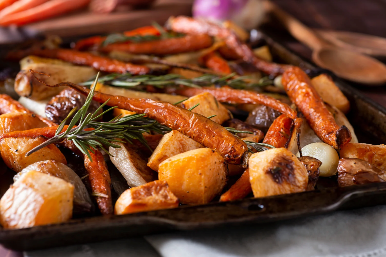 tray of roasted root vegetables