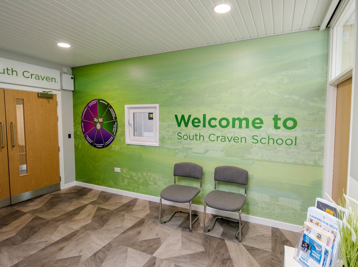 School reception wall graphics installed at South Craven School