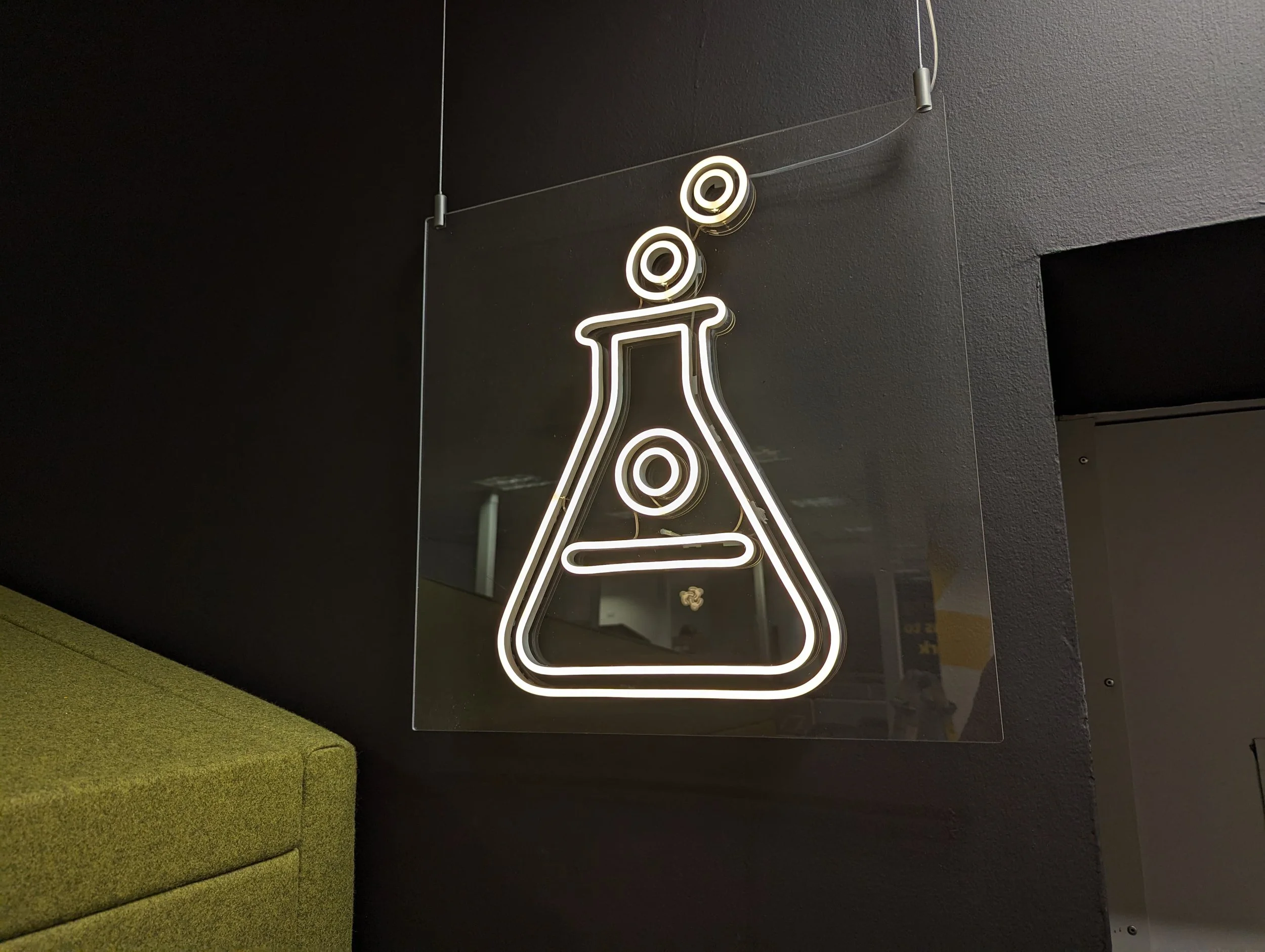  Hanging Acrylic with LED Flex detail to face, installed at The University of Manchester Innovation Factory. 