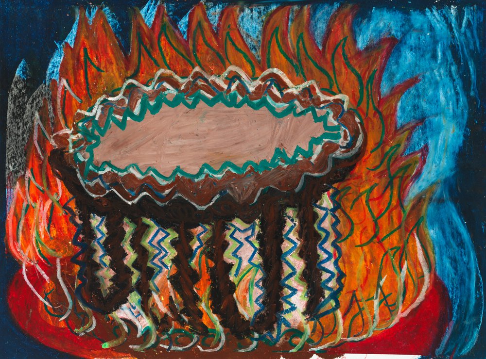 Cake on Fire by Camille Holvoet, 2011, Oil pastel on paper, 15 x 20 inches