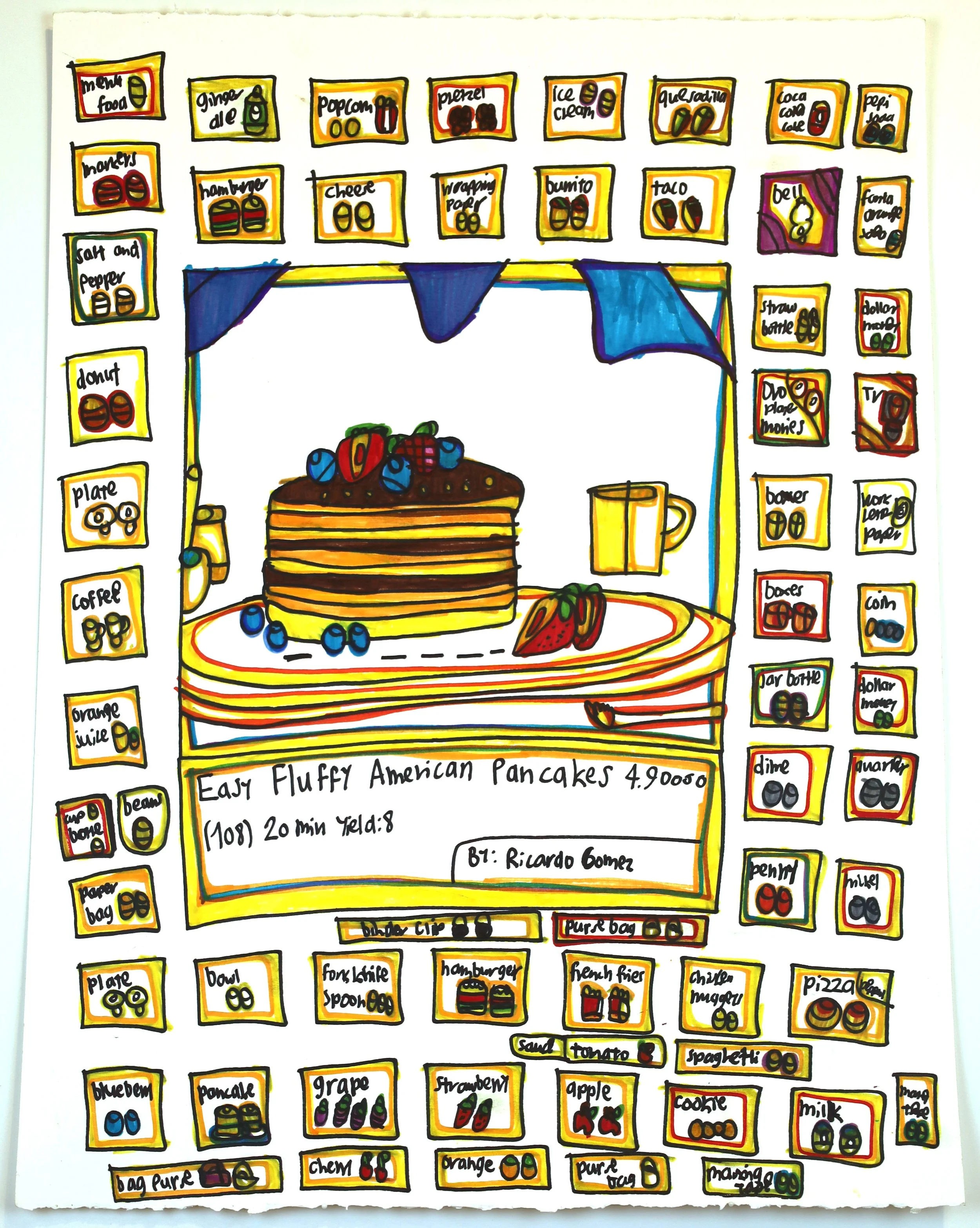   Ricardo Gomez,   Easy Fluffy American Pancakes , 2024, marker on paper, 25.50 x 19.25 inches.  