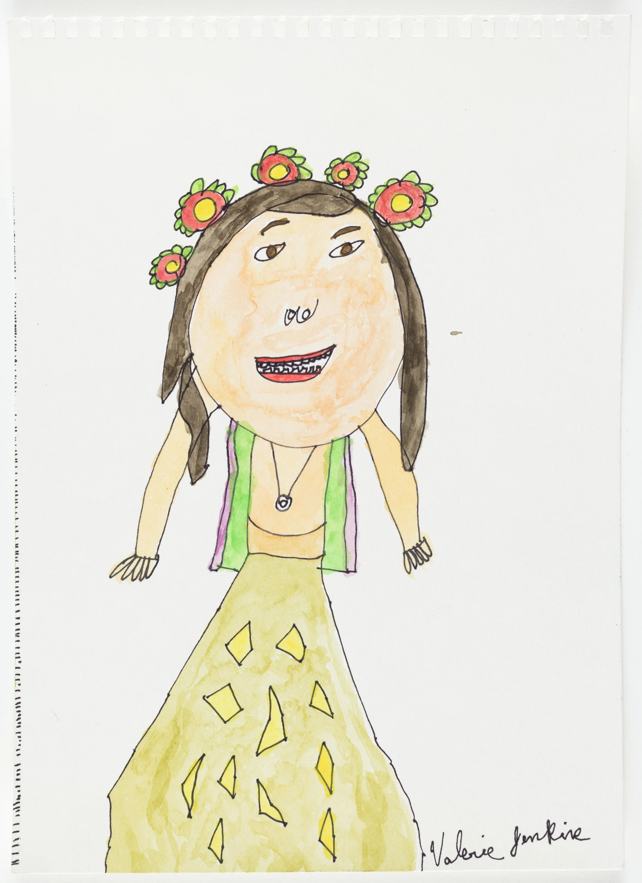 a portrait of Sophia wearing a yellow dress and a flower crown created with watercolor and pen