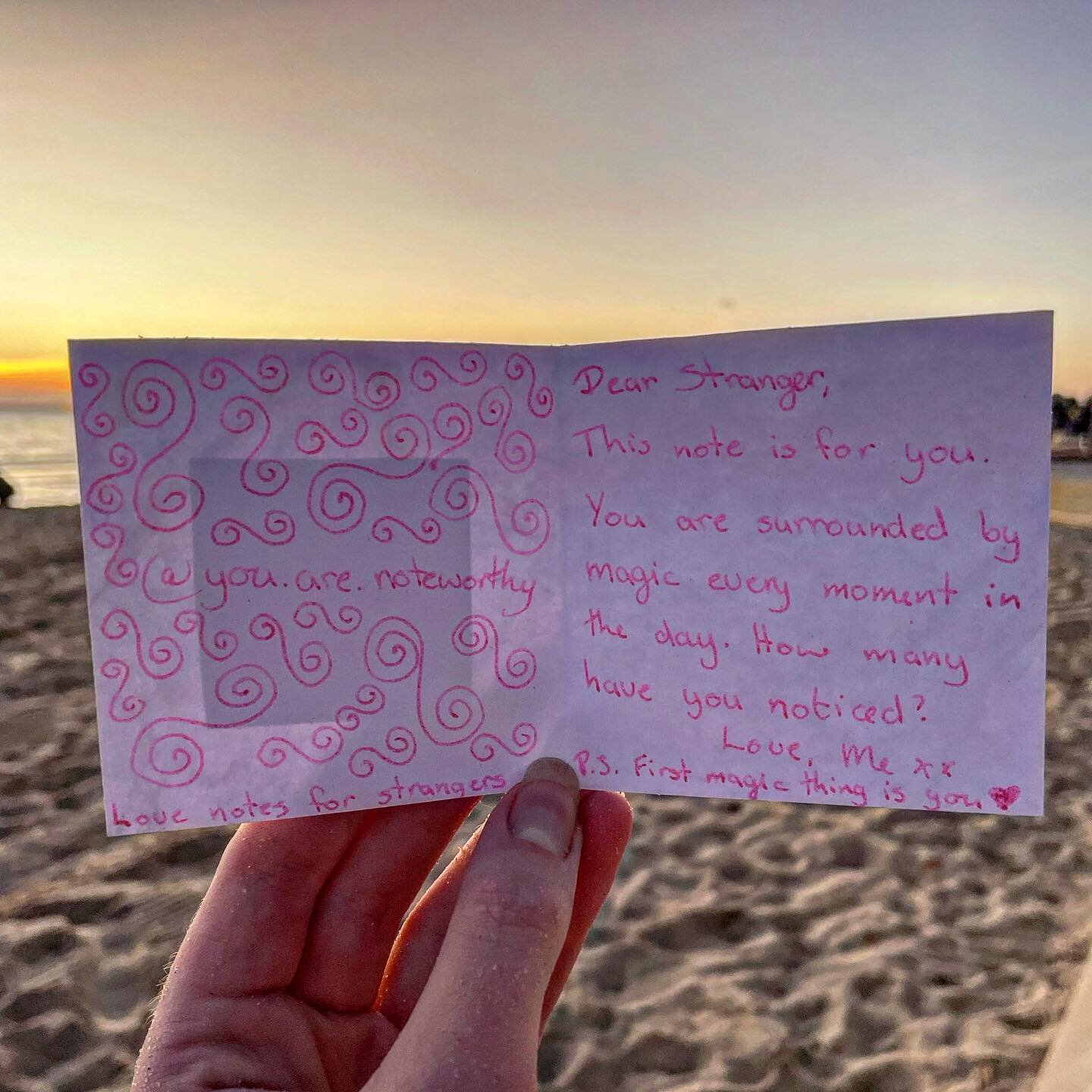 💌 
📍St Kilda beach
🖤 Boonwurrung Country
🧭 Original hiding place 02/04/2023
🧚 Hidden by an OG note fairy
💌 Dear Stranger,
This note is for you. You are surrounded by magic every moment in the day. How many have you noticed?
Love, Me xx 
P.S. Th