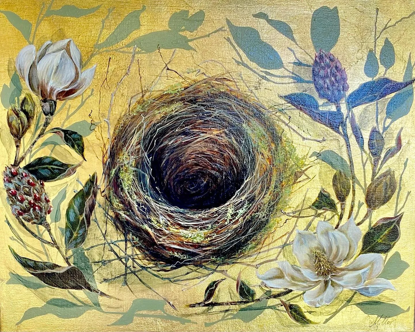 Two similar subjects yet different ways to paint them.  A fine example of Lynne Miller’s diverse artistic talent. “Golden Light” 16x20” is painted on canvas with acrylic and composite gold leaf. “Home” is encaustic