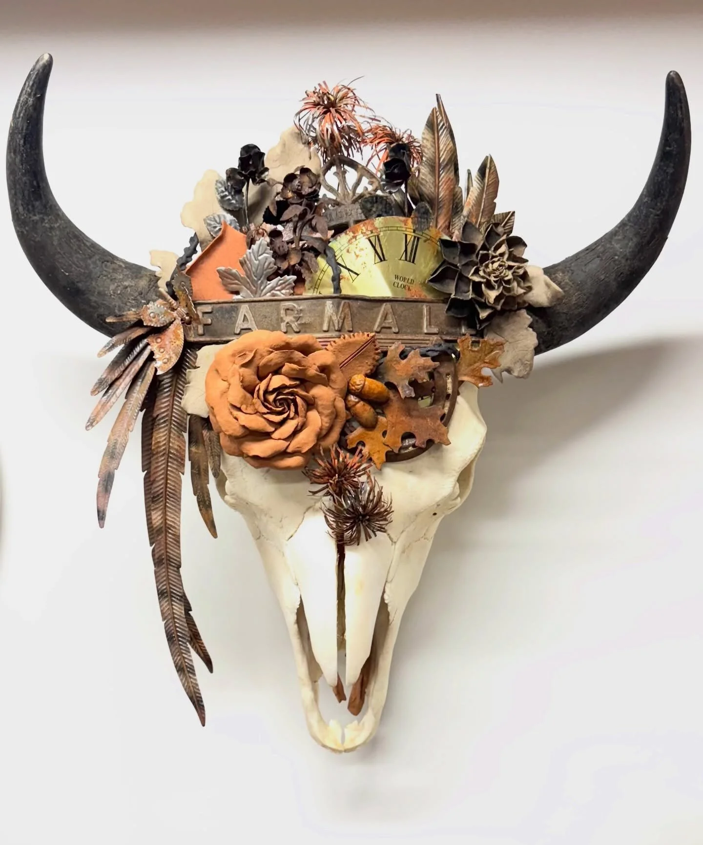 Clay sculptor Marcy Lally is influenced by the natural rhythms in nature.  This theme is reflected in the sculptures she creates to adorn the skulls of bison, cattle and deer.  Her work represents the continuous cycle of decay giving way to life.  He