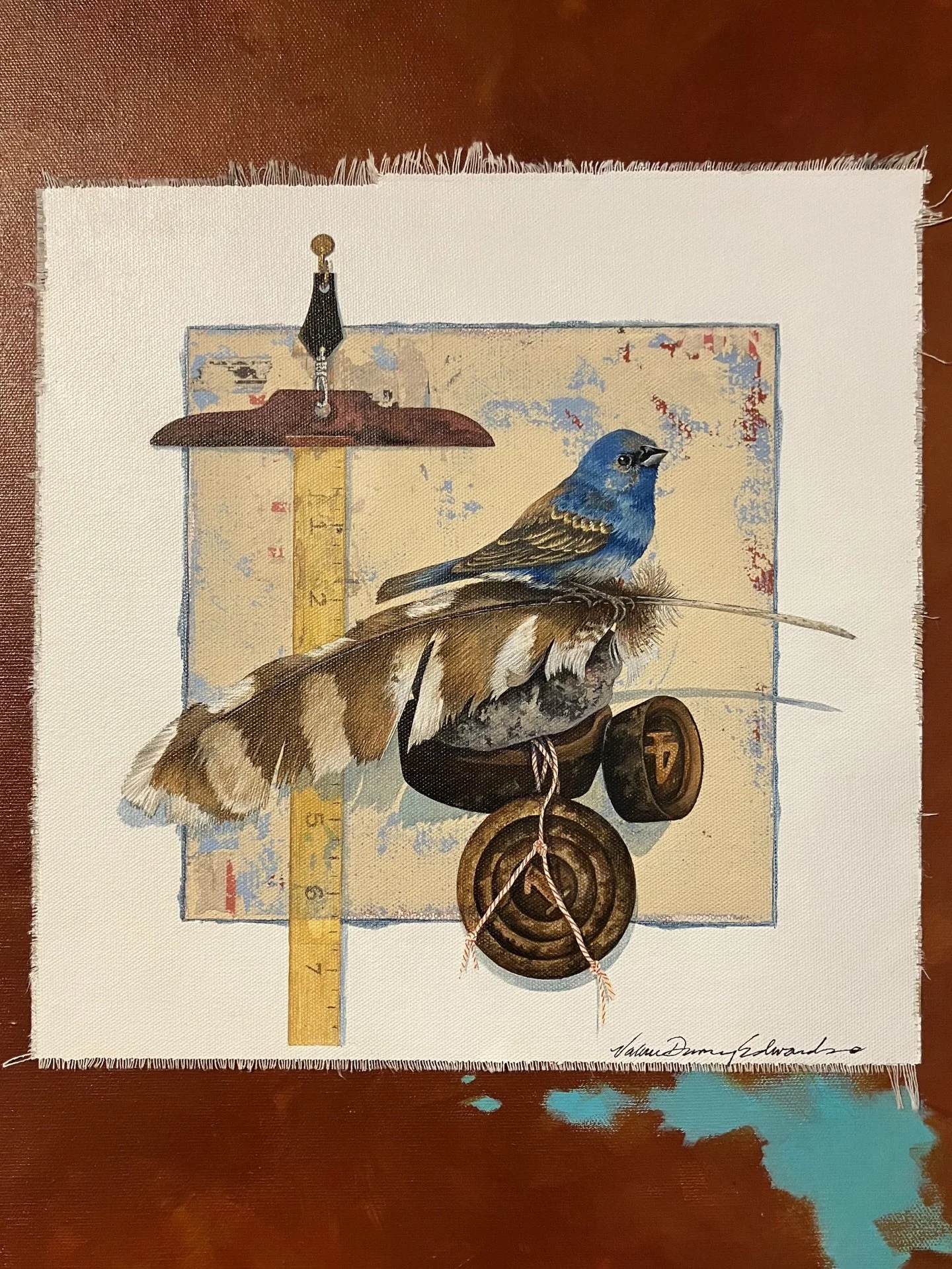 Valerie Edwards brings such incredible detail and creativity to her paintings and sculptures.  Her imagination seems to spill forth on to the subject bringing added dimensions and thought provoking enhancements to the main theme.  A T-square, an Indi
