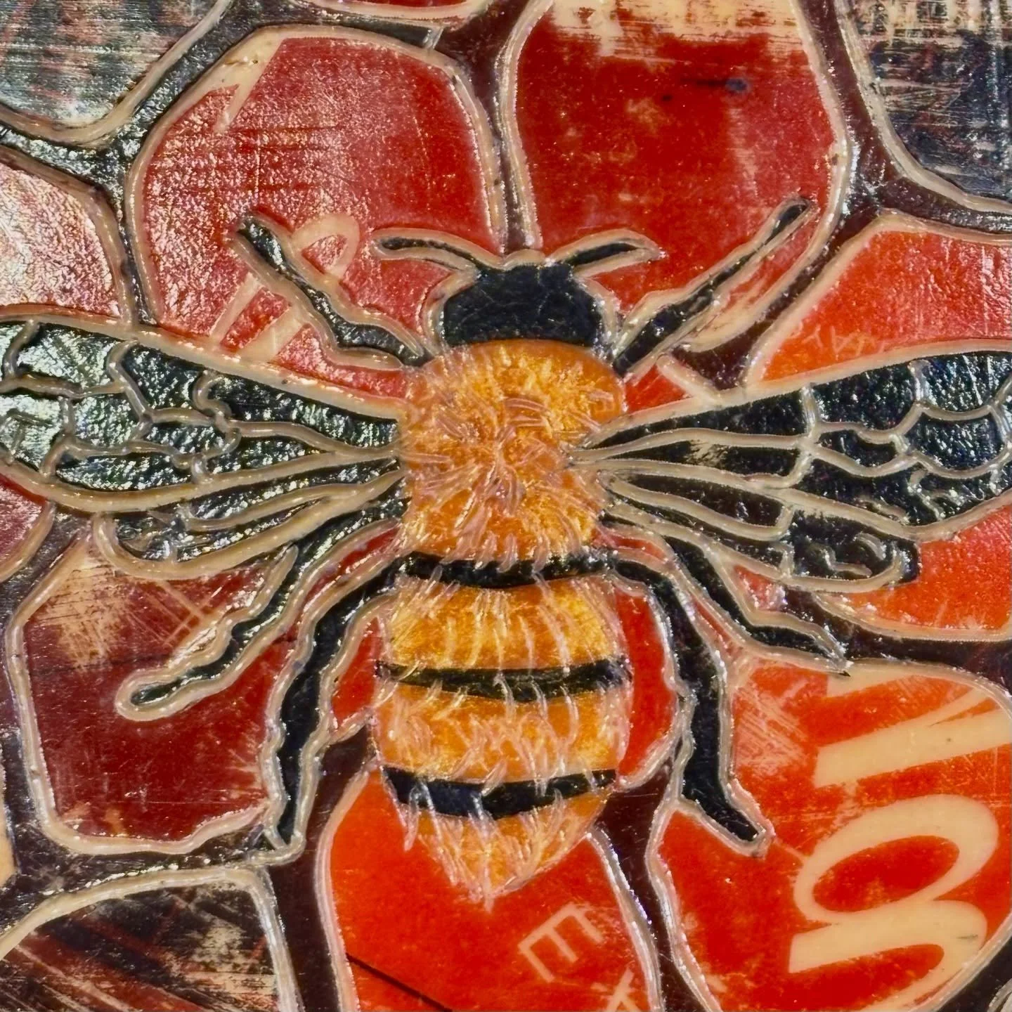 The process of cutting and transferring ink from magazine paper onto beeswax is a tedious technique, yet Randy Purcell seems to do this effortlessly and spectacularly.  His encaustic pieces each have an overwhelming array of textures and imagery.  Ra