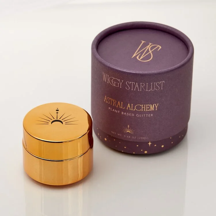 Shimmering Solid gold with iridescent sparkle of plant based glitter cream in a vegan non toxic formula dries to a water resistant powder finish