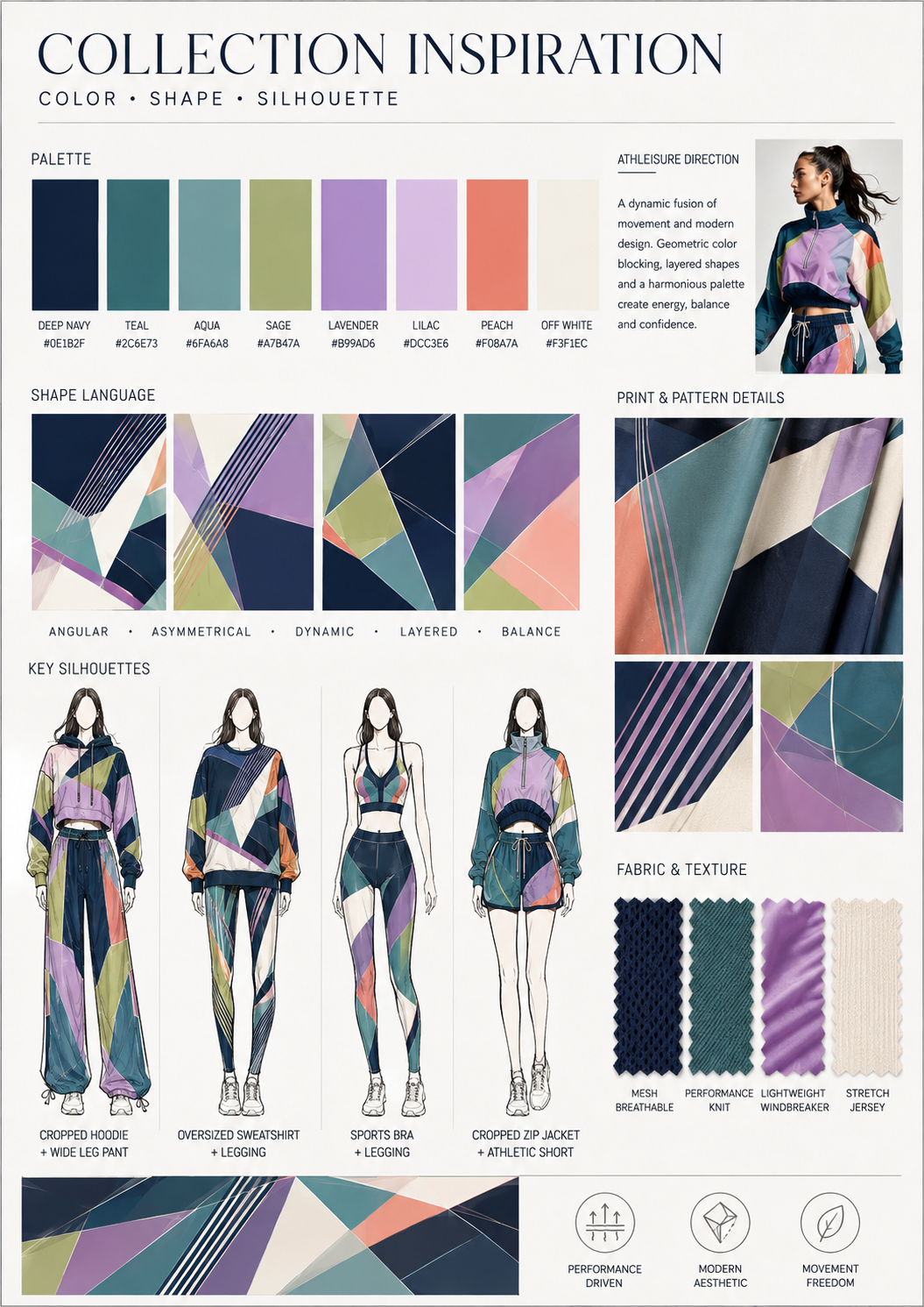 Fashion collection mood board with color palette, geometric shapes, pattern details, key silhouettes of sporty outfits, fabric textures, and a model wearing a colorful athletic jacket in a sporty setting.