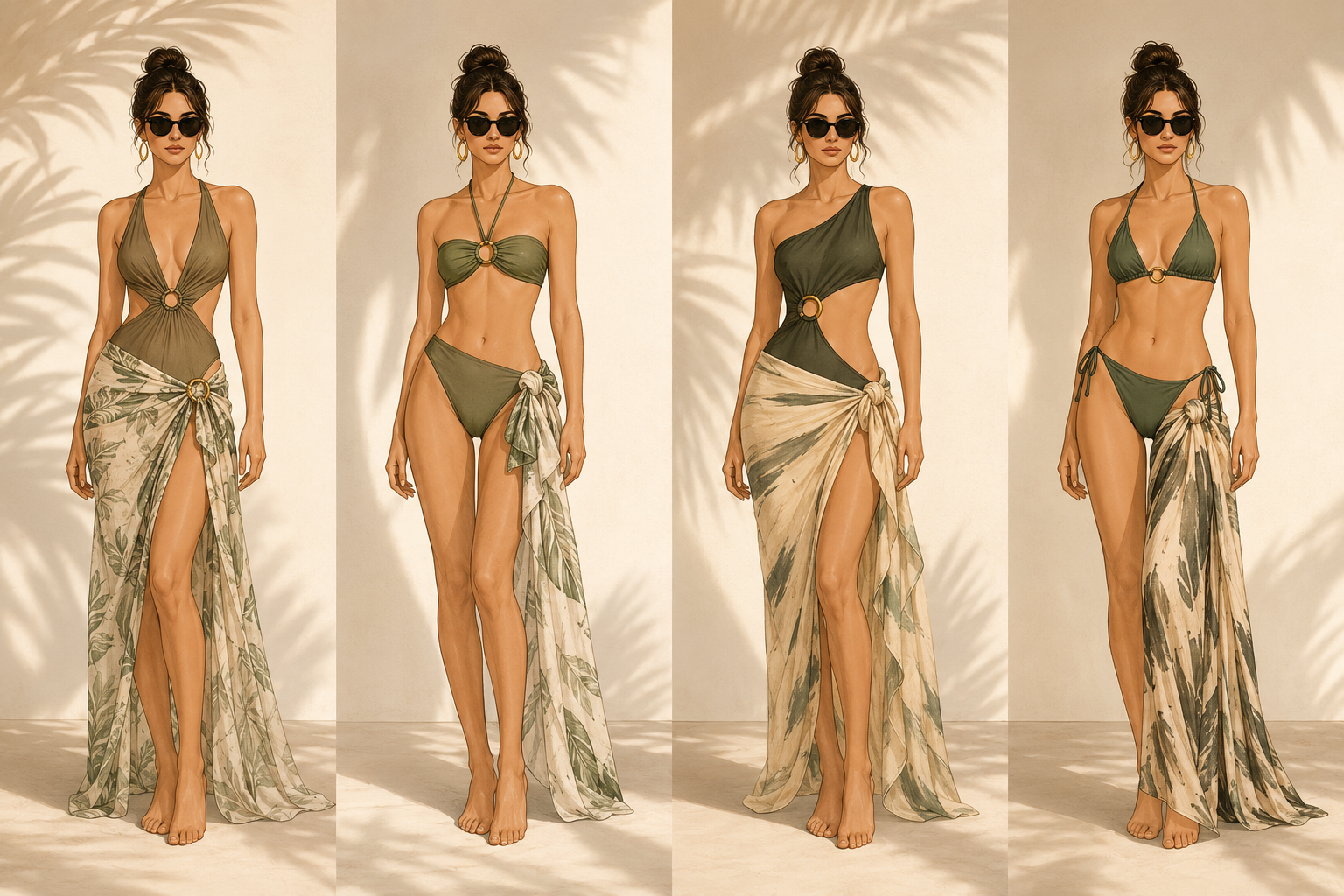 Four women modeling different styles of bikinis and beach cover-ups, standing against a neutral background with shadowy palm leaves.