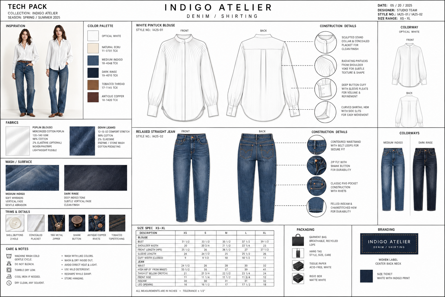 Technical design sheet for denim shirt and relaxed straight jeans, featuring sketches, fabric details, color palettes, fit specifications, construction details, and styling options for a spring/summer 2025 collection by Indigo Atelier.