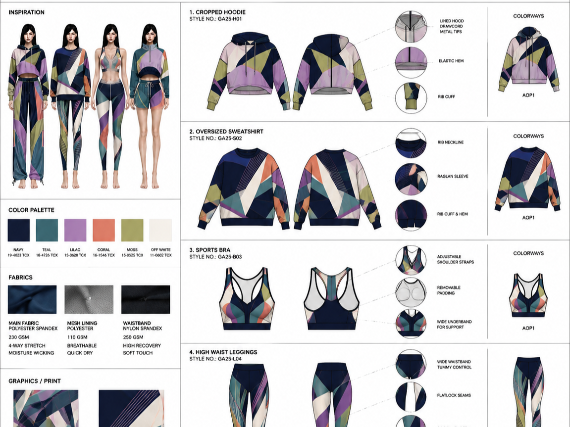 A design board featuring colorful sportswear including cropped hoodies, oversized sweatshirts, sports bras, and high waist leggings with geometric and vibrant patterns in purple, teal, coral, moss green, off white, and navy. The board includes fabric